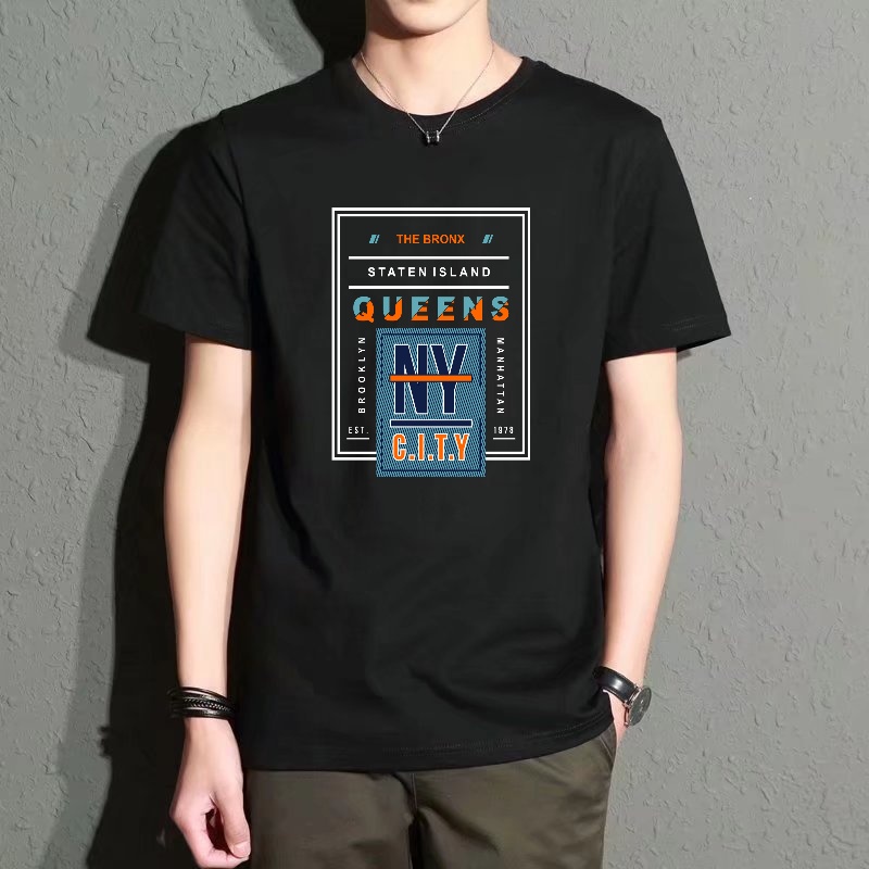 Street Style New York Fashion - Men's Black Round-Neck Short-Sleeved T-Shirt, New