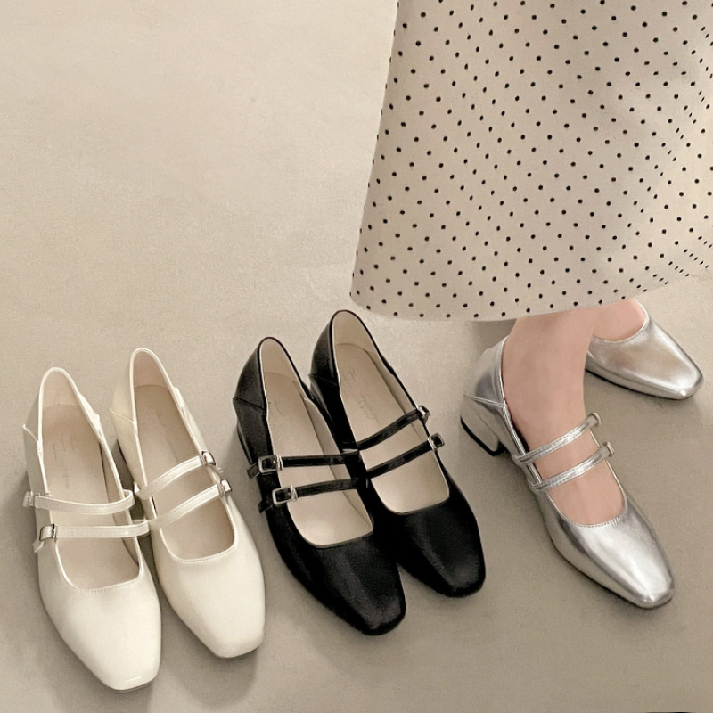 Street Fashion Ladies - Square Toe Low Heel Women Silvery