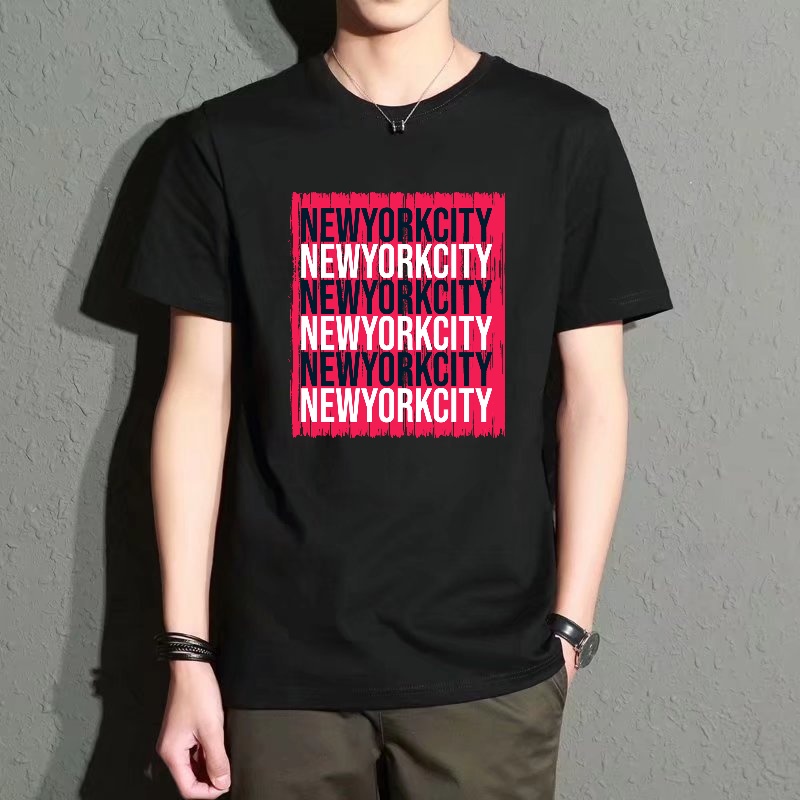 Street Style New York Fashion - Men's Black Round-Neck Short-Sleeved T-Shirt, New